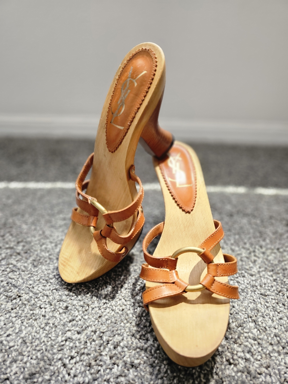 Yves Saint Laurent Tan Leather Wood-Platform Slide Mules